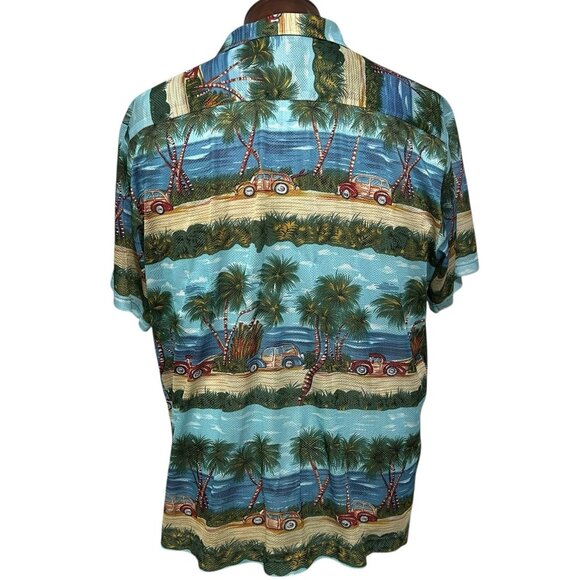 Vintage Ocean Current Hawaiian Shirt Mens XL Old Cars Palm Trees Beach Scene - Picture 5 of 8